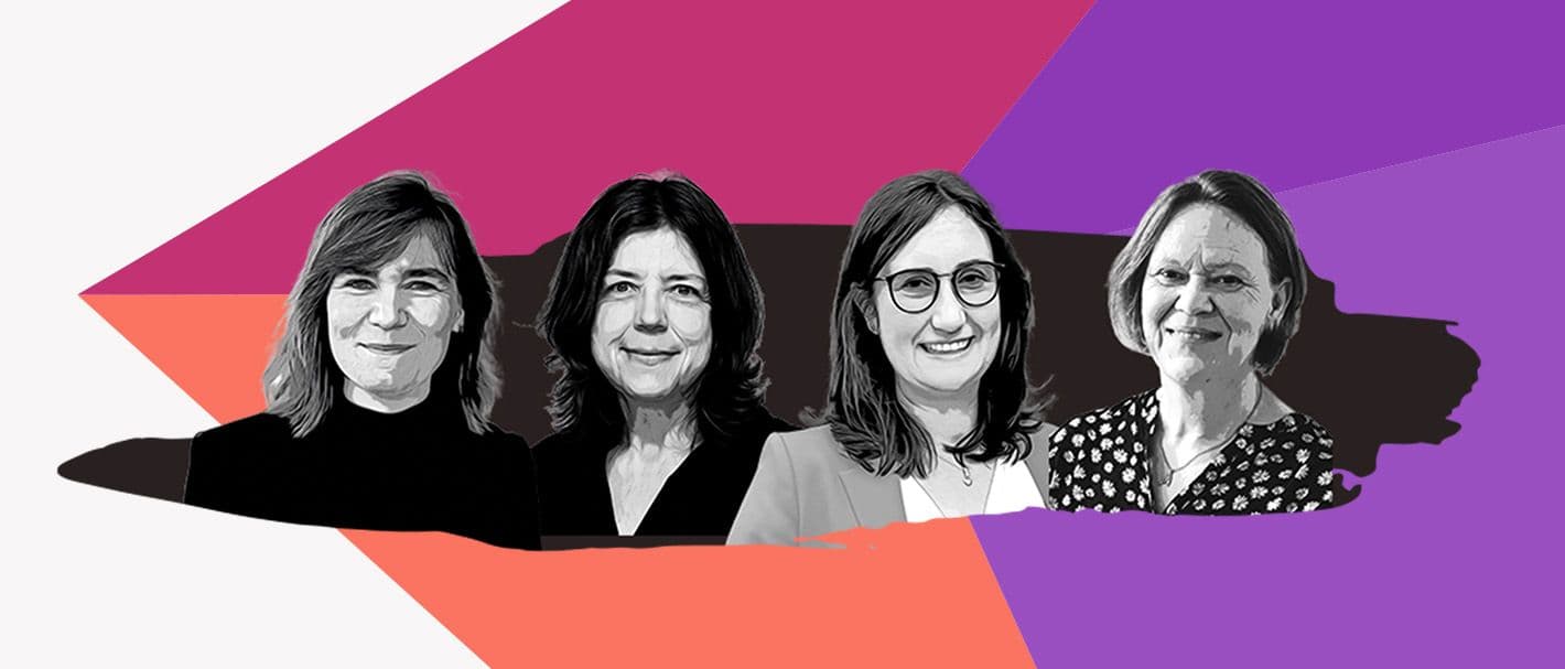 The picture shows the portraits of the four women who were interviewed in black and white in front of a colourful collage background.