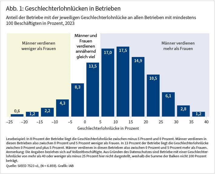 Abbildung 1 zeigt die Verteilung von Geschlechterlohnlücken in Betrieben. Die Geschlechterlohnlücke beträgt beispielsweise in 13,5 Prozent der Betriebe zwischen 0 und 5 Prozent, in 17,5 Prozent der Betriebe zwischen 10 und 15 Prozent und in 6,1 Prozent der Betriebe zwischen 25 und 30 Prozent.