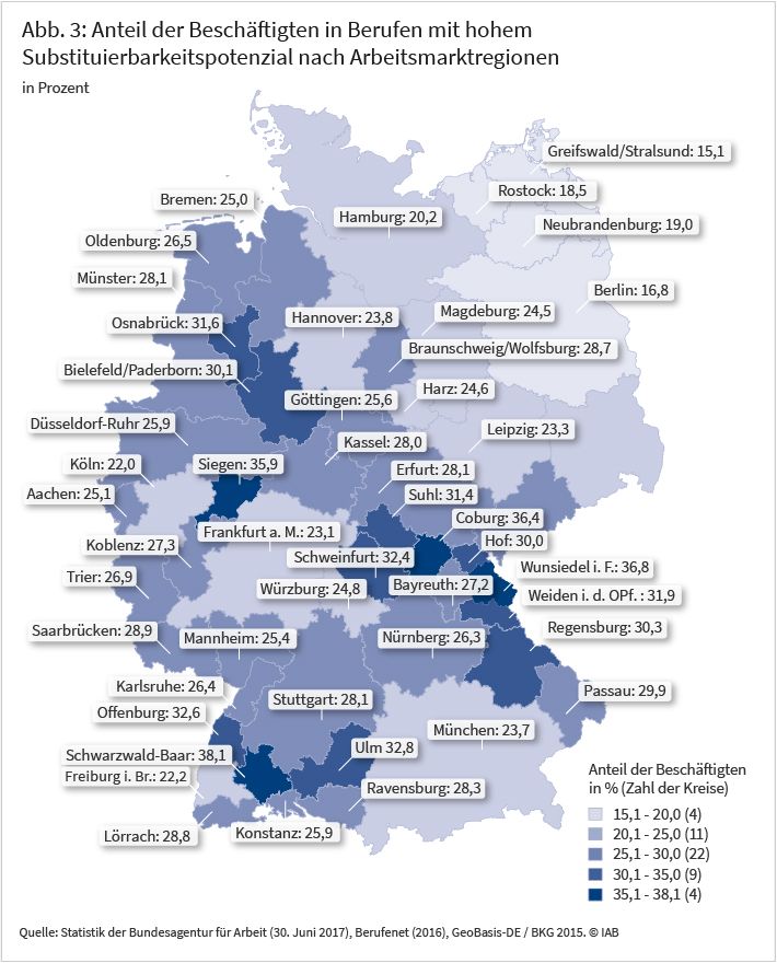 Abbildung 3: Anteil der Beschäftigten in Berufen mit hohem Substituierbarkeitspotenzial nach Arbeitsmarktregionen