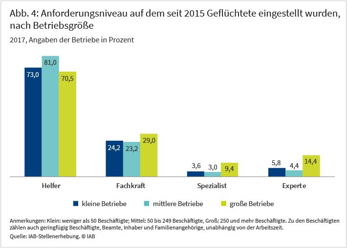 Abbildung 4: Anforderungsniveau auf dem seit 2015 Geflüchtete eingestellt wurden, nach Betriebsgröße